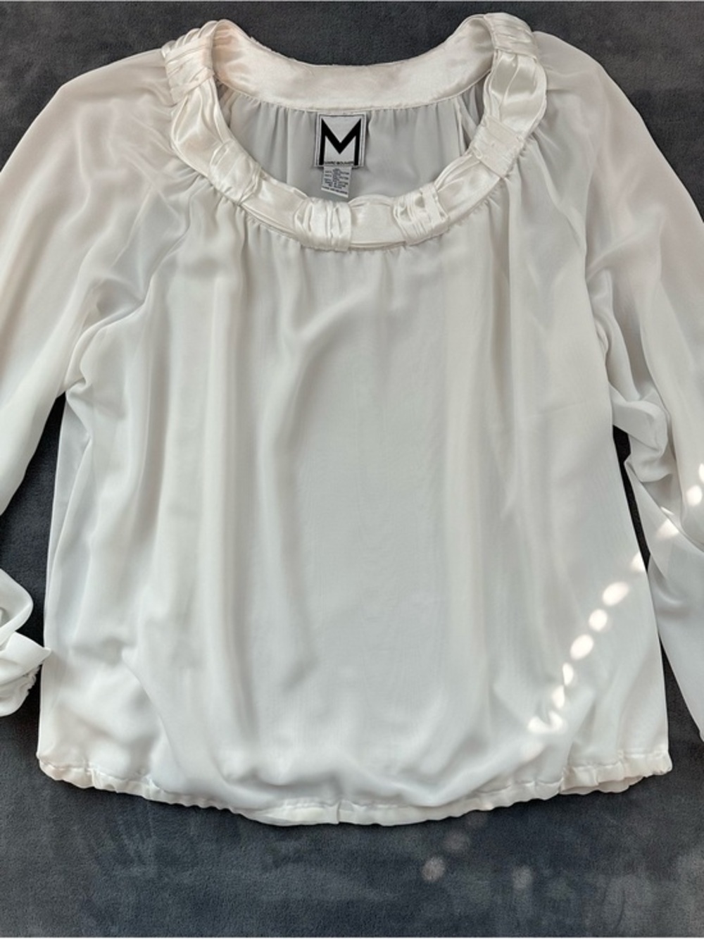 Marc Bouwer Womenβs Cream Satin-Trim Round Neck Blouse Size XL